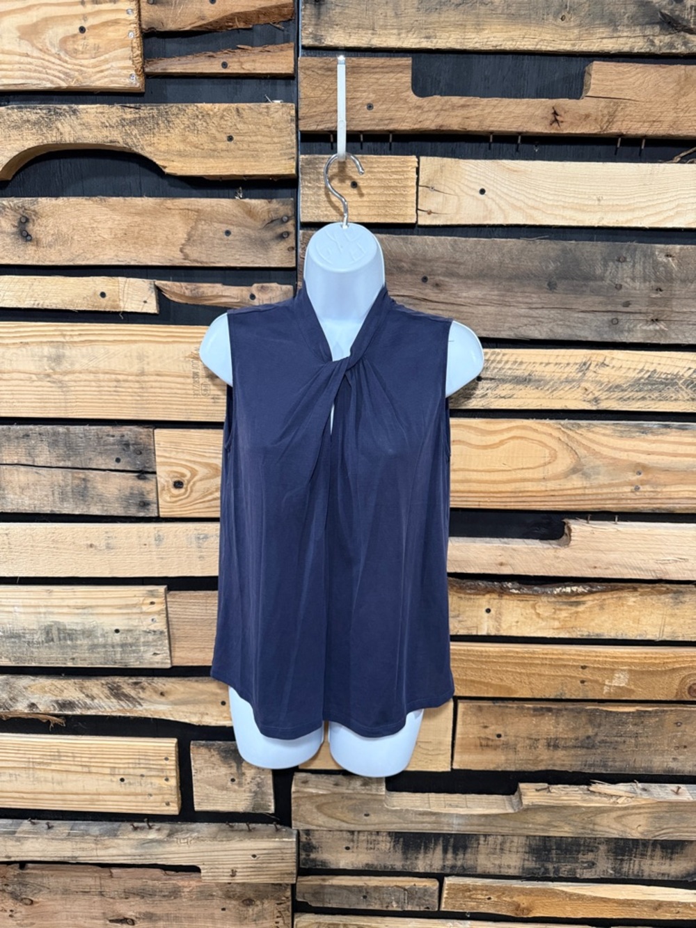 Naked Zebra Navy Front Twist Drapey Sleeveless Blouse Size Small